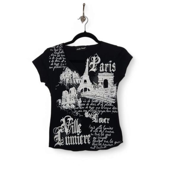 y2K Vintage Paris Art Babydoll Shirt Top Tee All Over VTG 90s Tourist Collage - Picture 1 of 6